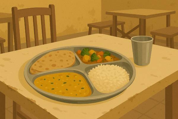 Affordable Indian thali meal served at a roadside dhaba