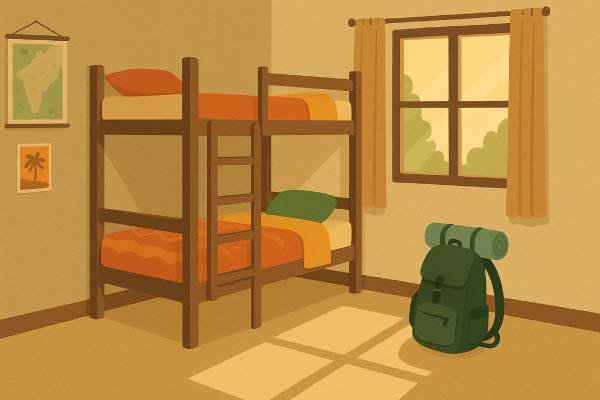Affordable Indian backpacker hostel room with bunk beds and natural light