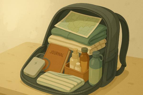 Open backpack showing essential packing items for budget travel in India