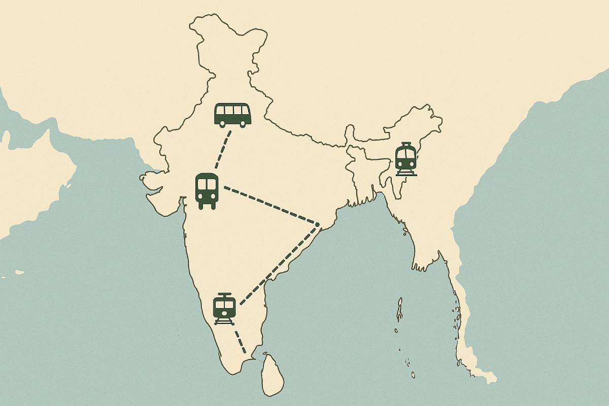 Map showing budget travel routes across India by train and bus
