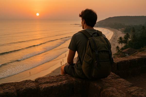 Traveler watching sunset from Chapora Fort in North Goa - Goa budget travel