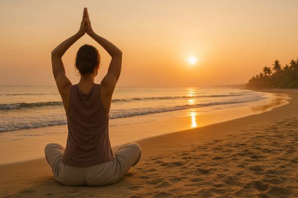 Solo traveler doing yoga at sunrise on an empty Goa beach