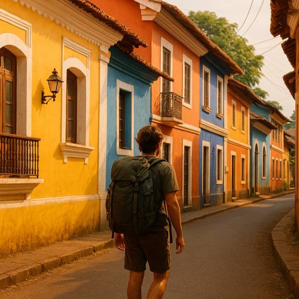 Solo traveler walking through colorful Fontainhas streets in Panjim - Goa budget travel
