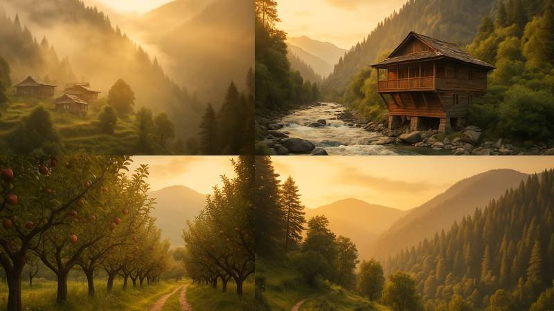 Collage of hidden travel destinations in Himachal including Jibhi, Kalga, Gushaini, and Pabbar Valley