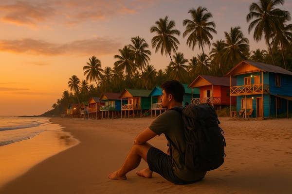 Backpacker relaxing on Palolem Beach near budget beach huts