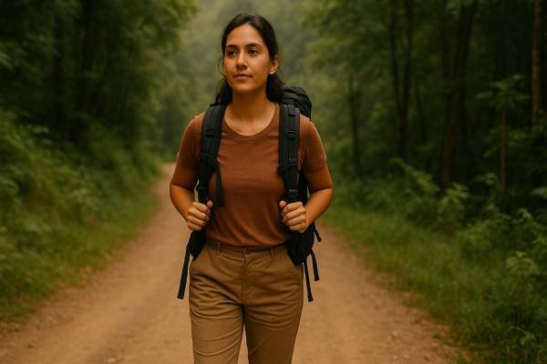 Solo female traveler hiking in safe Indian mountain trail